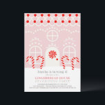 Pink Gingerbread House Decorating Birthday Party I Invitation<br><div class="desc">This cute holiday gingerbread decorating party invitation features a pink gingerbread house with snow and candy canes. The reverse side features a pink background with candy cane patterns. Change the background color and personalize it for your needs. You can find matching products at my store.</div>