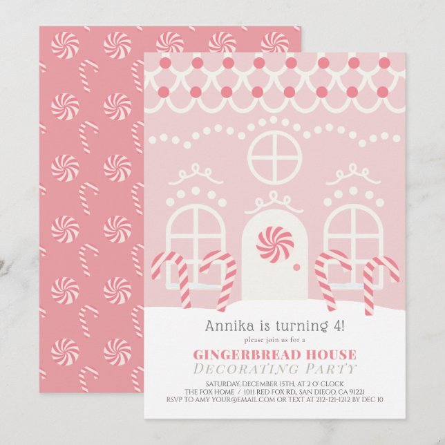 Pink Gingerbread House Decorating Birthday Party Invitation (Front/Back)