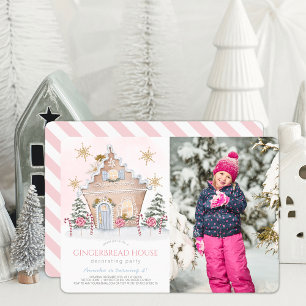 Pink Gingerbread House Decorating Birthday Photo Invitation