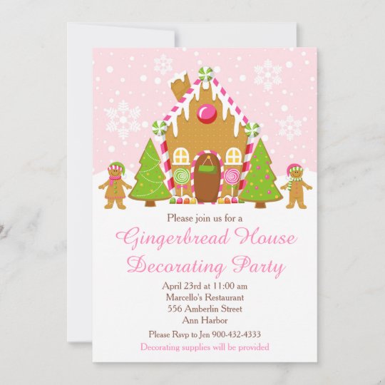 Pink Gingerbread House Decorating Christmas Party Invitation | Zazzle