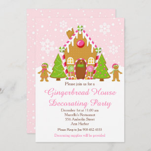 Pink Gingerbread House Decorating Christmas Party Invitation
