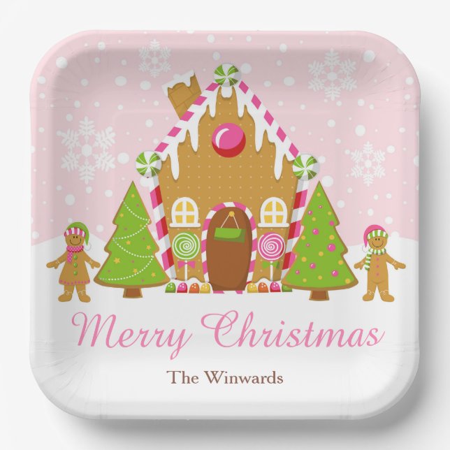 Pink Gingerbread House Decorating Christmas Party Paper Plates (Front)