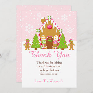 Pink Gingerbread House Decorating Christmas Party Thank You Card