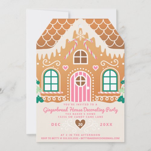 Pink Gingerbread House Decorating Party Invitation