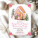 Pink Gingerbread House Decorating Party Invitation<br><div class="desc">This elegant and festive gingerbread house decorating party invitation features a watercolor gingerbread house and beautiful pink poinsettia flowers. The text combines handwritten script and sans serif fonts for a stylish and modern look. The snowman, decorated pine trees and holiday wreath add a festive touch. This is perfect for Christmas...</div>