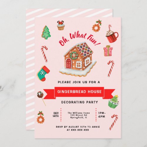 Pink Gingerbread House Decorating Party  Invitation