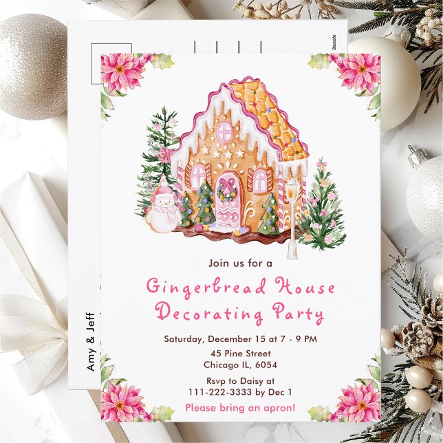 Pink Gingerbread House Decorating Party Postcard (Creator Uploaded)