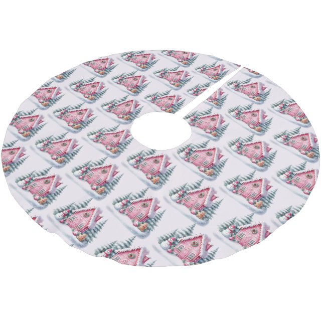 Pink Gingerbread House Decoration Brushed Polyester Tree Skirt (Angled)