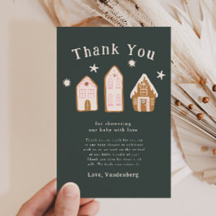 Pink Gingerbread House Holiday Baby Shower Thank You Card