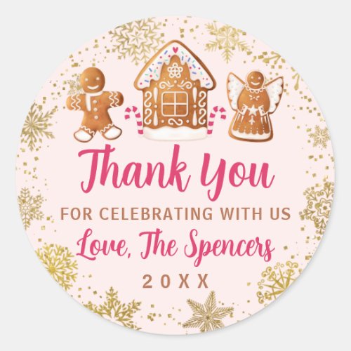 Pink Gingerbread House Holiday Party Thank You Classic Round Sticker