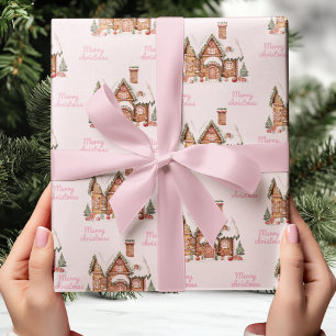 Pink Gingerbread House Merry Christmas Wrapping Paper
