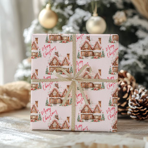 Pink Gingerbread House Merry Christmas  Wrapping Paper