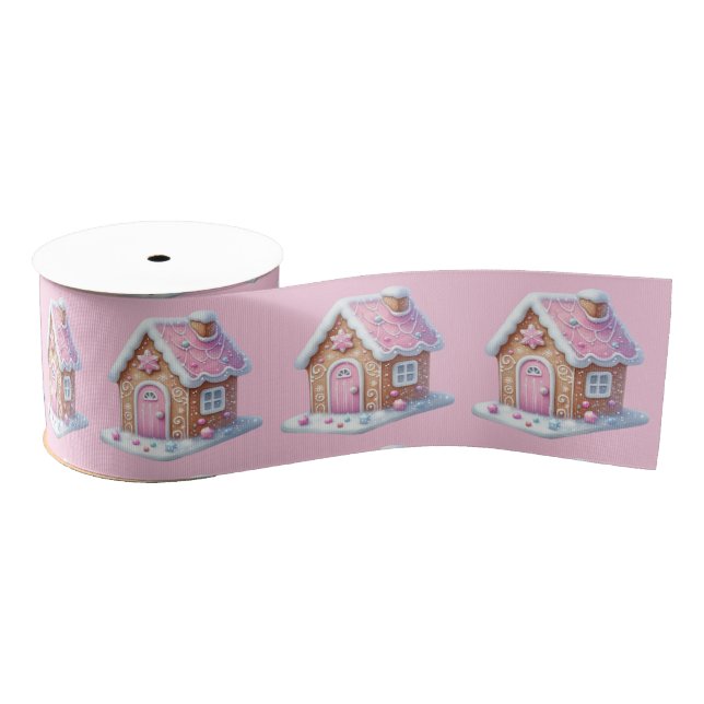 Pink Gingerbread House On Pink  Grosgrain Ribbon (Spool)