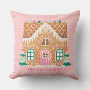 Pink Gingerbread House Personalized Throw Pillow