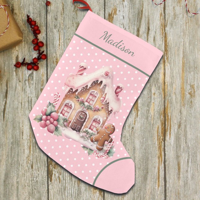 Pink Gingerbread House Polka Dot Custom Small Christmas Stocking (Creator Uploaded)