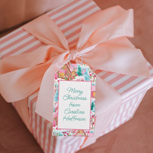 Pink Gingerbread Houses Personalized Christmas Gift Tags