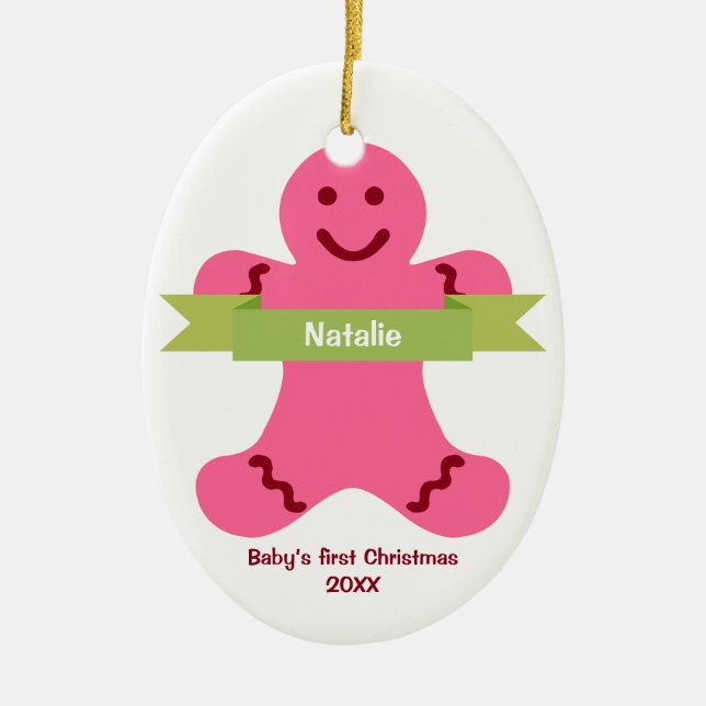 Pink gingerbread kid green banner name baby first ceramic ornament (Front)