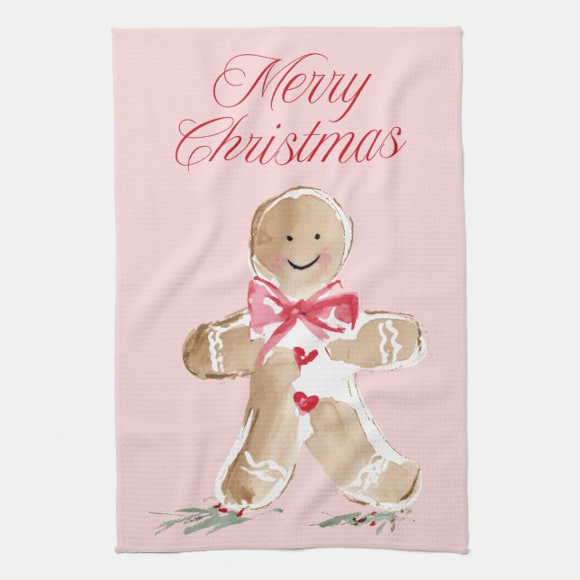 Pink Gingerbread Man Christmas Kitchen Towel (Vertical)