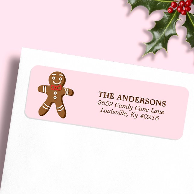 Pink Gingerbread Man Christmas Return Address Label (Creator Uploaded)