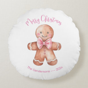 Pink Gingerbread Man Christmas Round Pillow