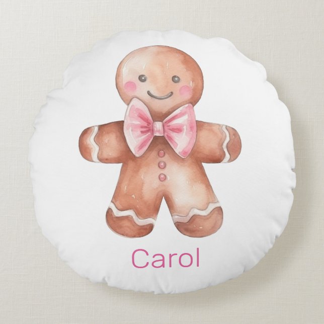 Pink Gingerbread Man Christmas  Round Pillow (Front)