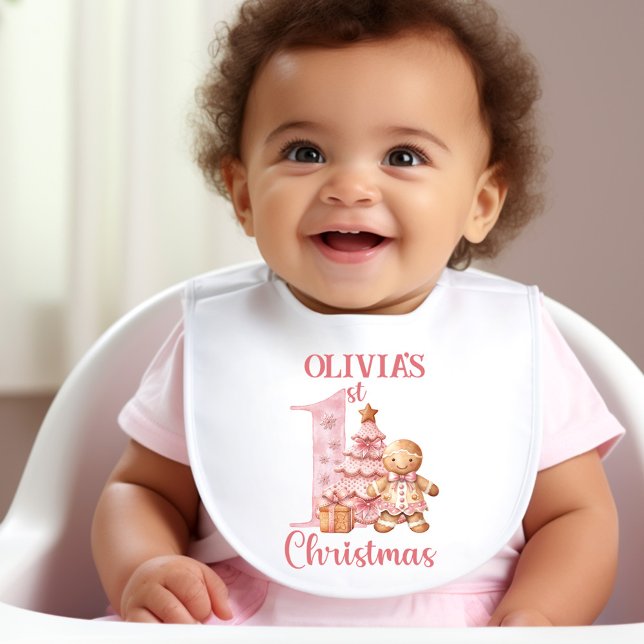 Pink Gingerbread Man Girl Name 1st Christmas Baby Bib (Pink Gingerbread Man Girl Name 1st Christmas Baby Bib)
