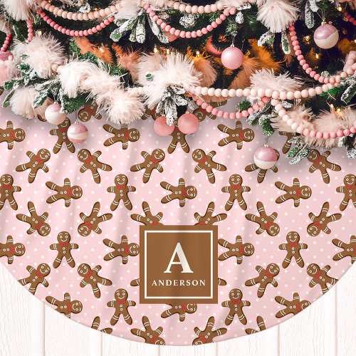 Pink Gingerbread Man Monogram Christmas Brushed Polyester Tree Skirt