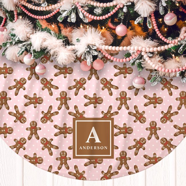 Pink Gingerbread Man Monogram Christmas Brushed Polyester Tree Skirt (Creator Uploaded)