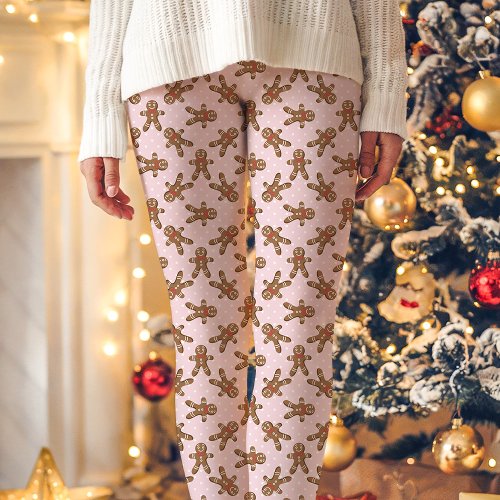 Pink Gingerbread Man Polka Dot Christmas Leggings