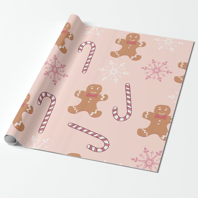 PINK GINGERBREAD MEN CHRISTMAS  WRAPPING PAPER (Unrolled)