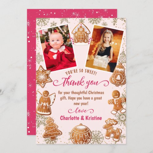 Pink Gingerbread Snow Christmas Party 2 Photo  Thank You Card