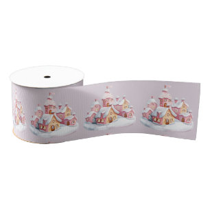 Pink Gingerbread Village On Light Gray Grosgrain Ribbon
