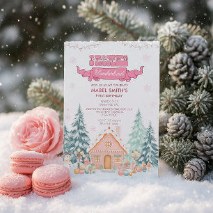 Pink GingerBread Winter Onederland 1st Birthday Invitation