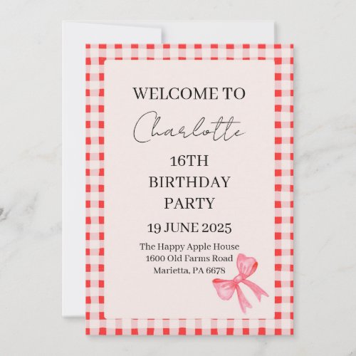 Pink Gingham 16th Birthday Party Invitation