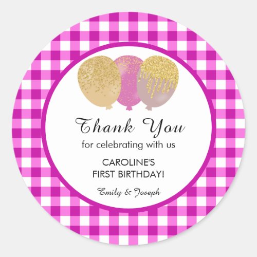 Pink Gingham 1st Birthday Glitter Balloons Favor Classic Round Sticker