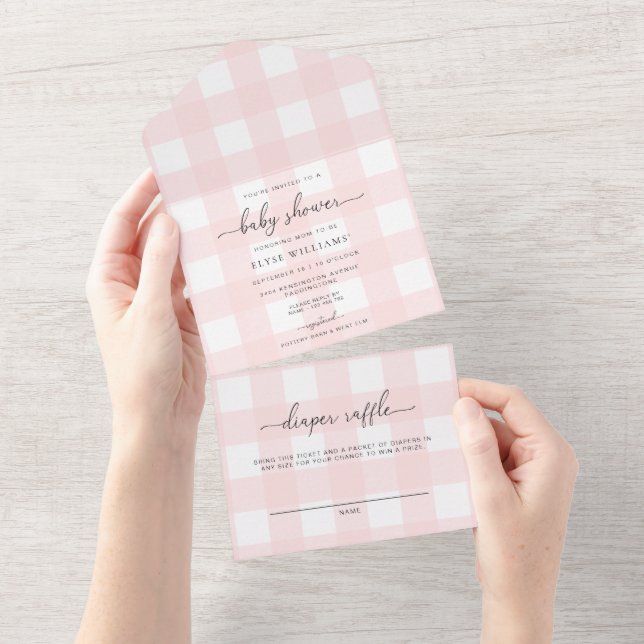 Pink Gingham All In One baby Shower Invitation (Tearaway)