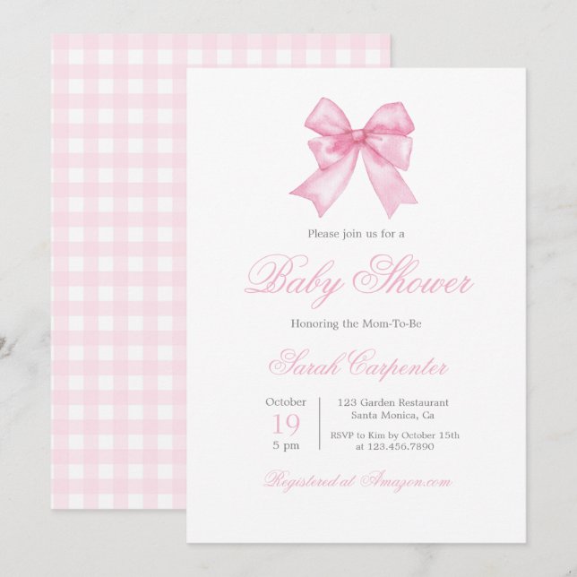 Pink Gingham and Bow Baby Shower Girl Invitation (Front/Back)