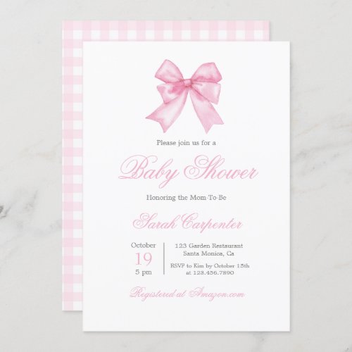 Pink Gingham and Bow Baby Shower Girl Invitation