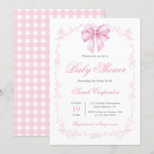 Pink Gingham and Bow Baby Shower Girl Invitation