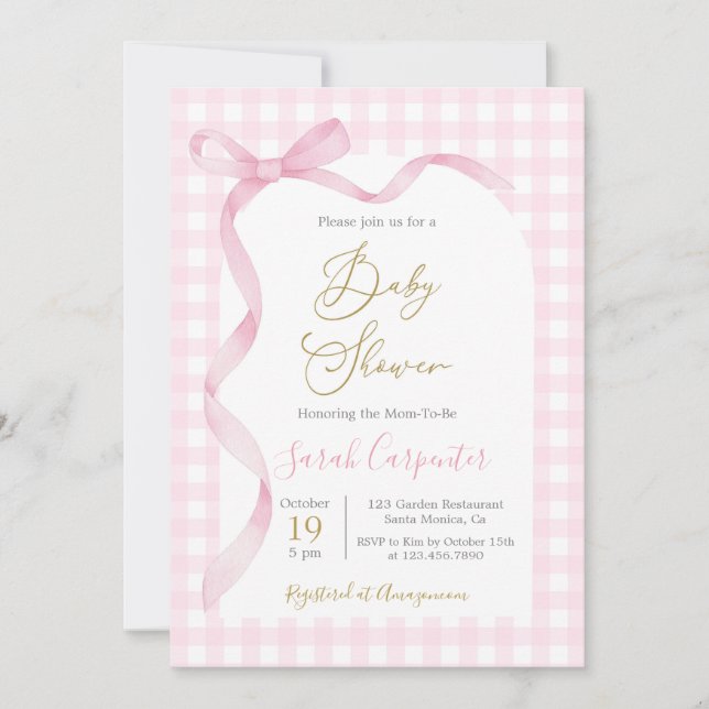 Pink Gingham and Bow Baby Shower Girl Invitation (Front)