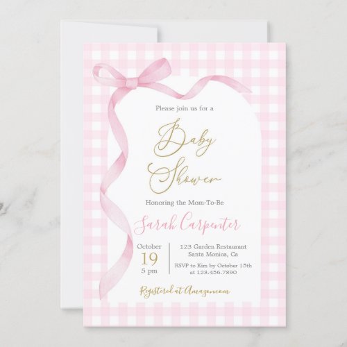Pink Gingham and Bow Baby Shower Girl Invitation