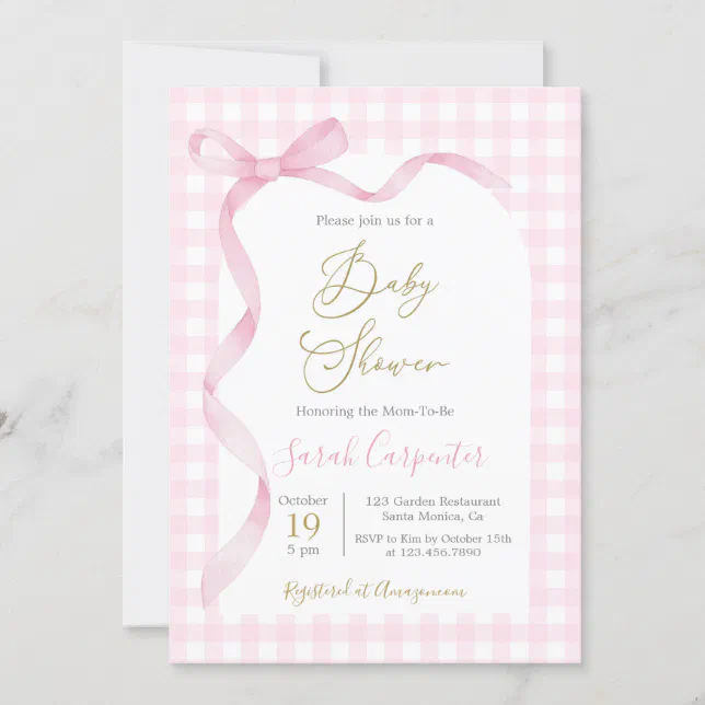 Pink Gingham and Bow Baby Shower Girl Invitation | Zazzle