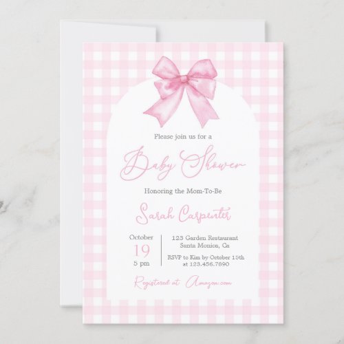 Pink Gingham and Bow Baby Shower Girl Invitation