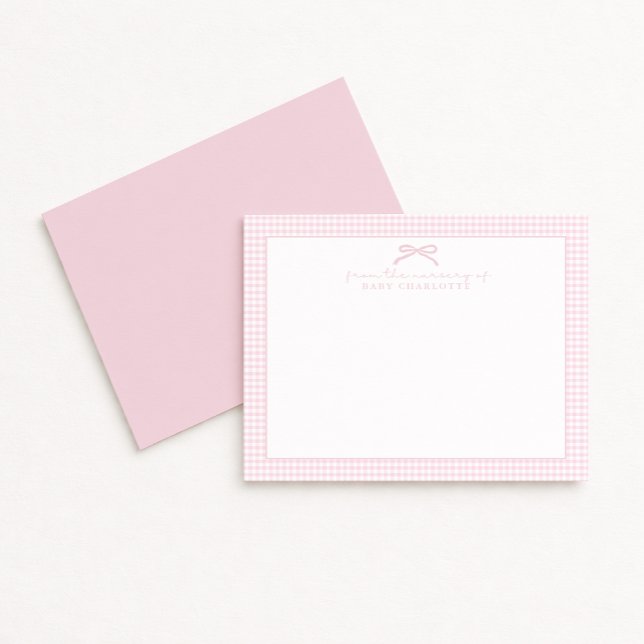 pink gingham and bow, nursery note card (Creator Uploaded)