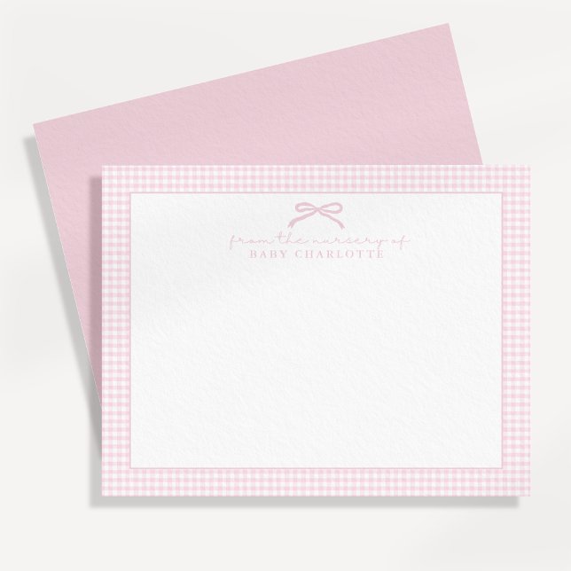 pink gingham and bow, nursery note card (Creator Uploaded)