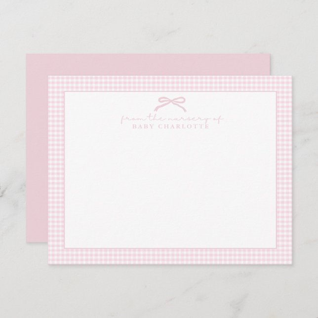 pink gingham and bow, nursery note card (Front/Back)