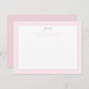 pink gingham and bow, nursery note card