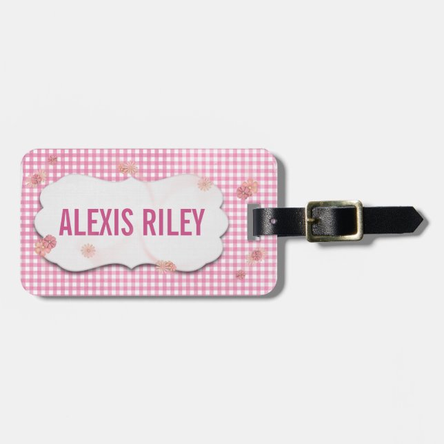 pink gingham and flower with beveled tag (Front Horizontal)