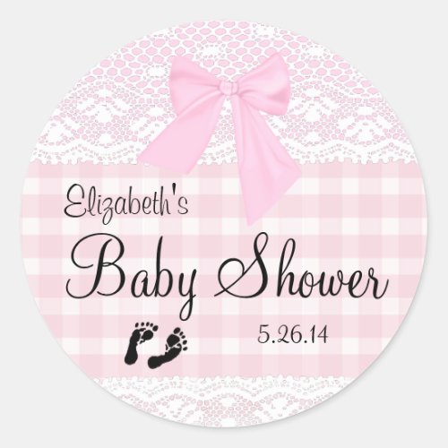 Pink Gingham and Lace Image Baby Shower_ Classic Round Sticker