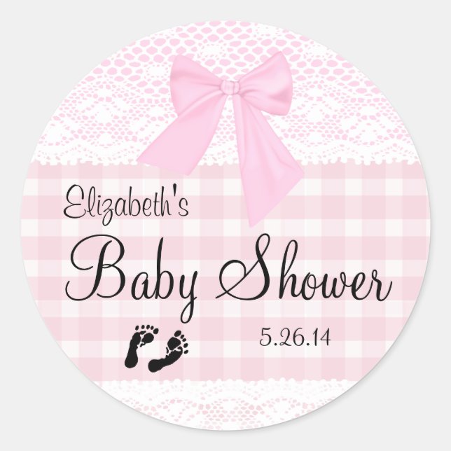 Pink Gingham and Lace Image Baby Shower- Classic Round Sticker (Front)